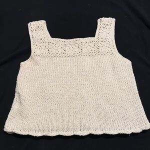 Cream Cropped Knit Tank Top with Lace Details